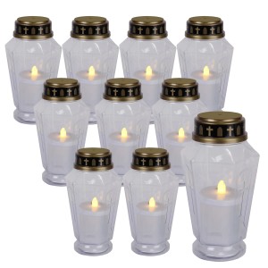 10er Set LED Grabkerzen mit flackerndem Licht, weiß/gold, für Grableuchten, 1000h Leuchtdauer.