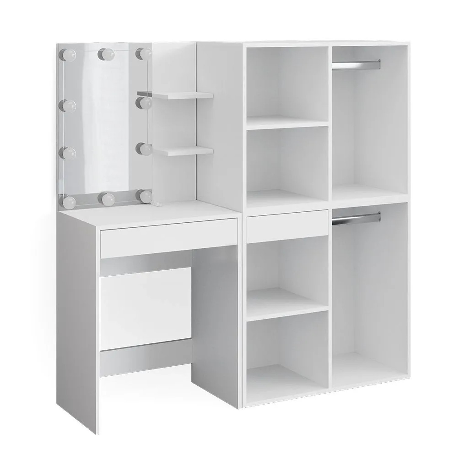 Vicco Schminktisch Isabelle Weiß 140 x 140 mit Spiegel, LED-Lichterkette und 2 Anstellschränken