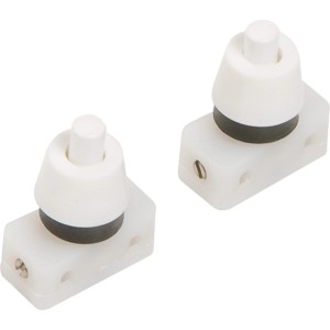 Zwei weiße Einbau-Druckschalter für Lampeninstallation, Detailaufnahme.