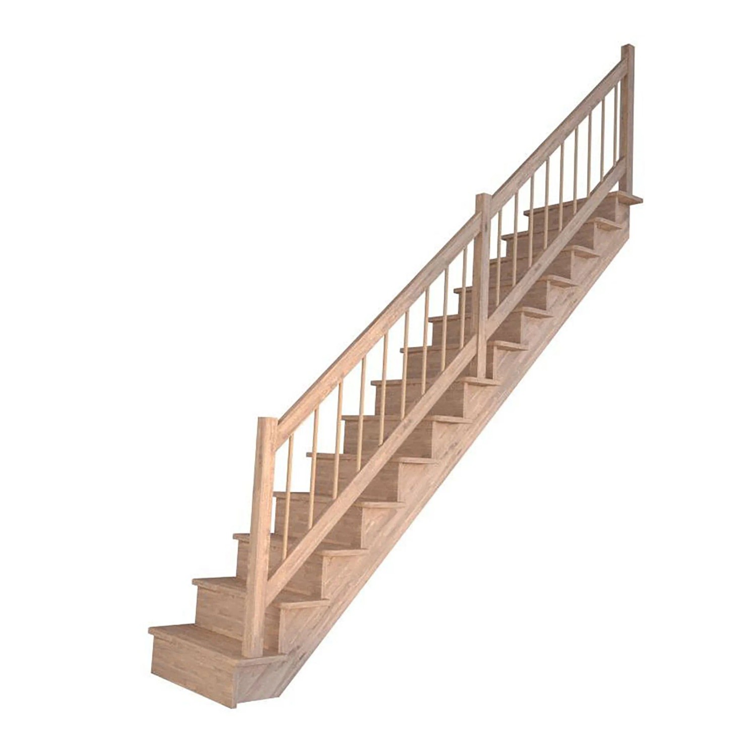 Gerade Holztreppe Lindos Eiche mit Setzstufen und Holz-Design-Geländer, 100 cm breit.
