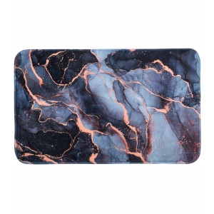 SANILO Badteppich 70x110 cm mit abstraktem Marmor-Muster in Blau- und Goldtönen.