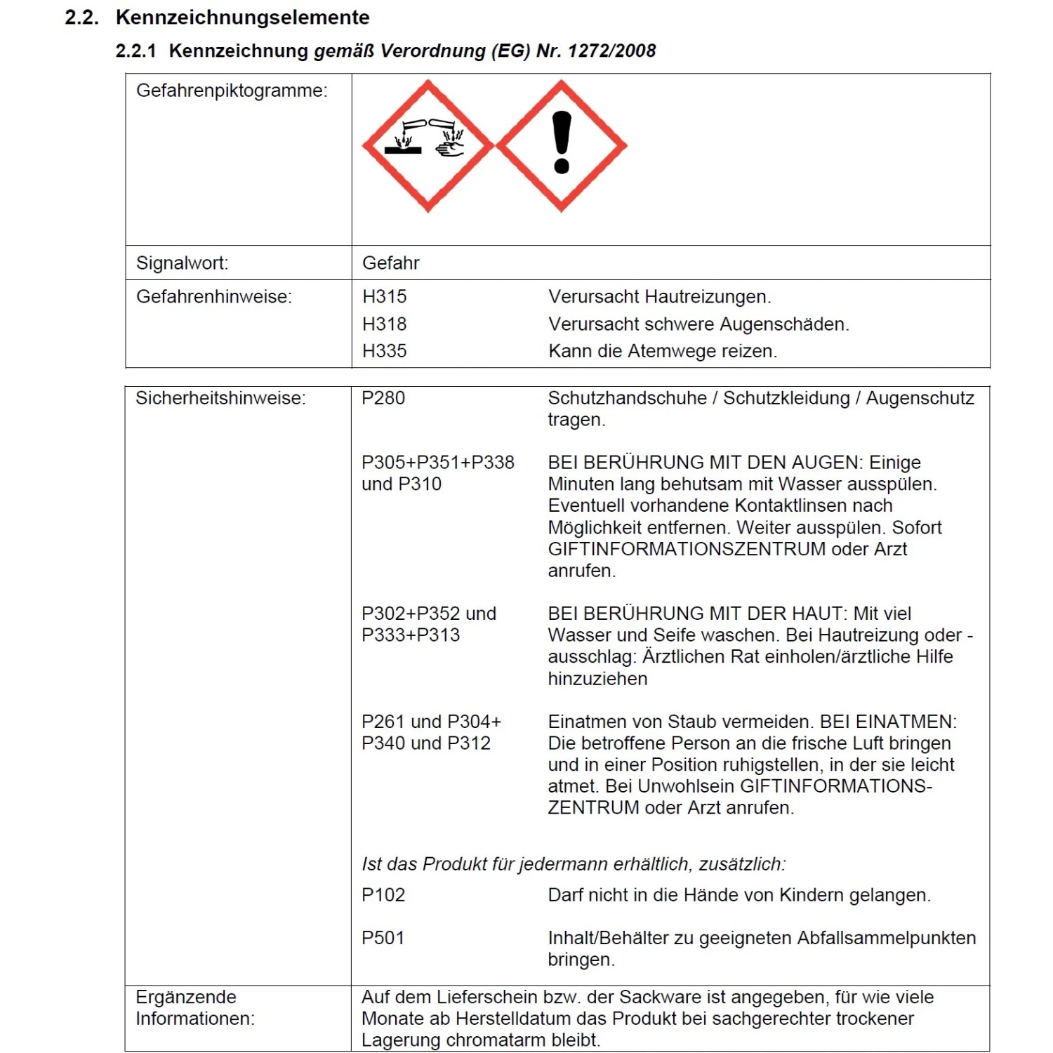 Gefahrhinweise: Reizend, ätzend, gesundheitsschädlich. Sicherheitsvorkehrungen beachten!