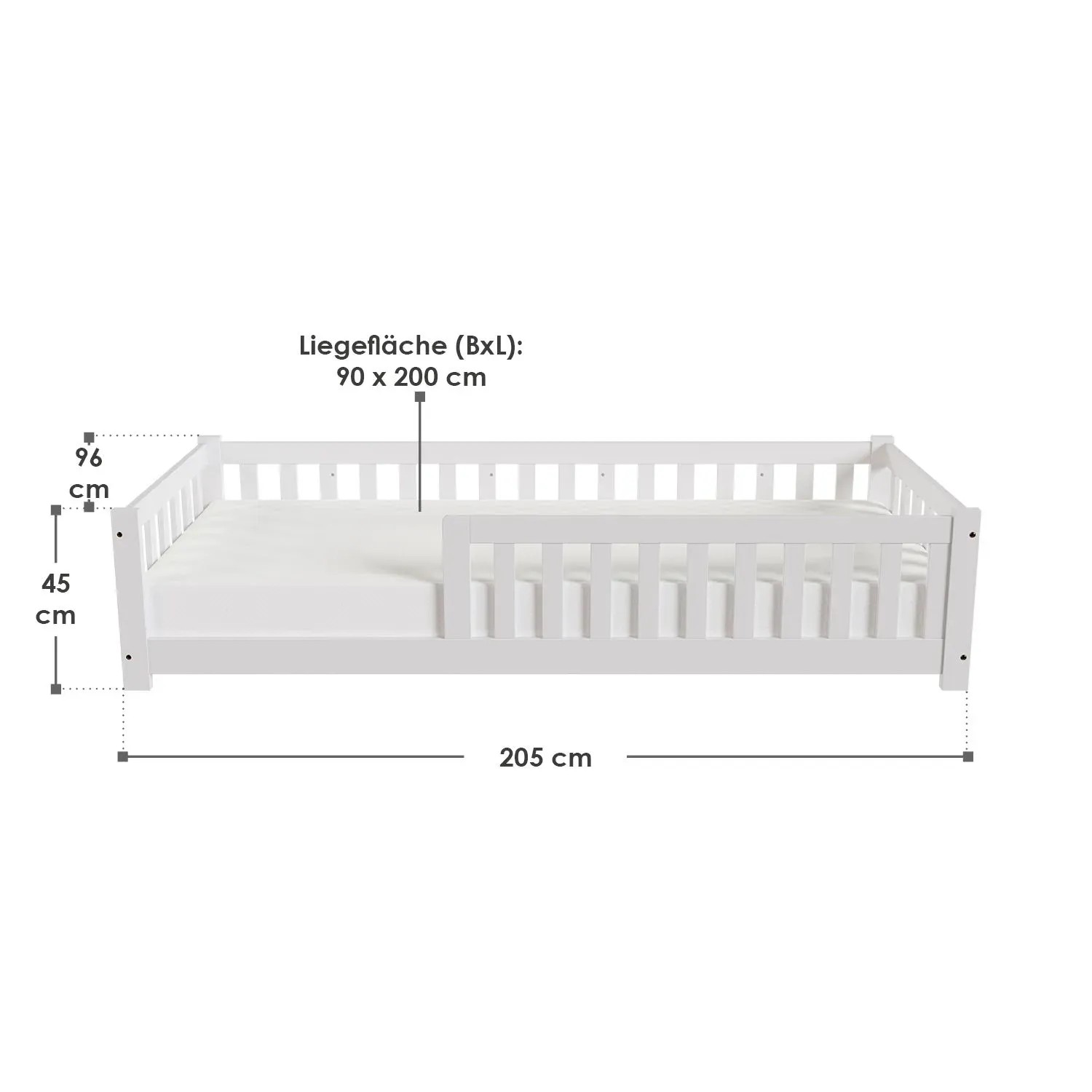 Weißes Juskys Kinderbett Naya (90x200 cm) mit Rausfallschutz und Lattenrost.