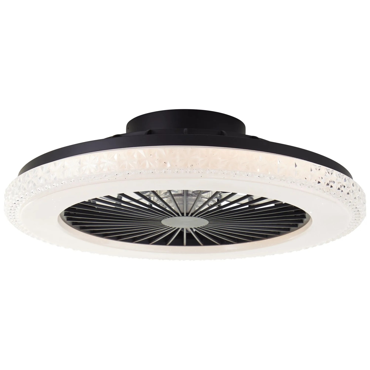 Schwarze LED-Deckenleuchte Badria mit Ventilator, Ø 49 cm, Kristalloptik.