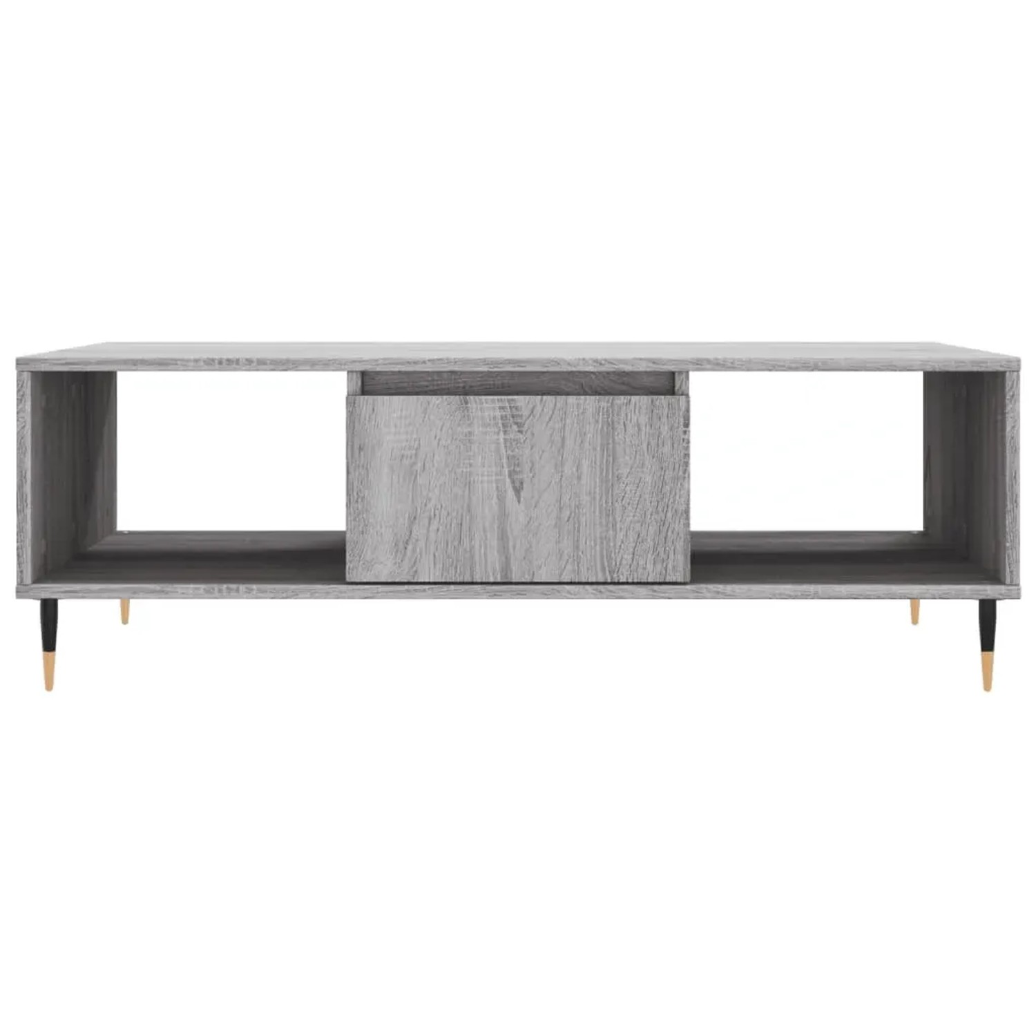 Grauer Couchtisch Sonoma 104x60 cm mit Fächern und schlanken Füßen.
