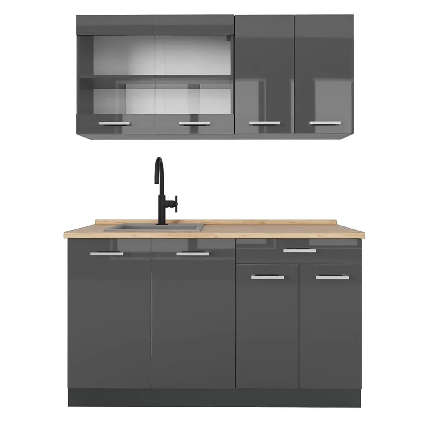 Vicco R-Line Küchenzeile Anthrazit Hochglanz Anthrazit 140 cm AP Eiche ohne E-Geräte