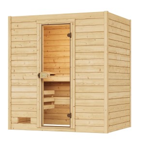 Weka Massivholzsauna Valida 2 Sparset mit Glastür und Bio-Ofen, naturbelassenes Fichtenholz.