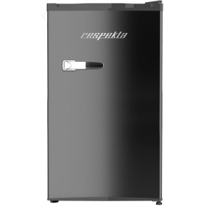 Schwarzer Respekta Retro-Kühlschrank Rico mit silbernem Griff und Logo.