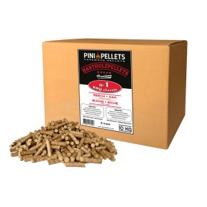 PINI Hartholzpellets 10 Kg BBQ Klassik Nr. 1 Buche/Eiche in Karton mit Pellets zum Grillen.