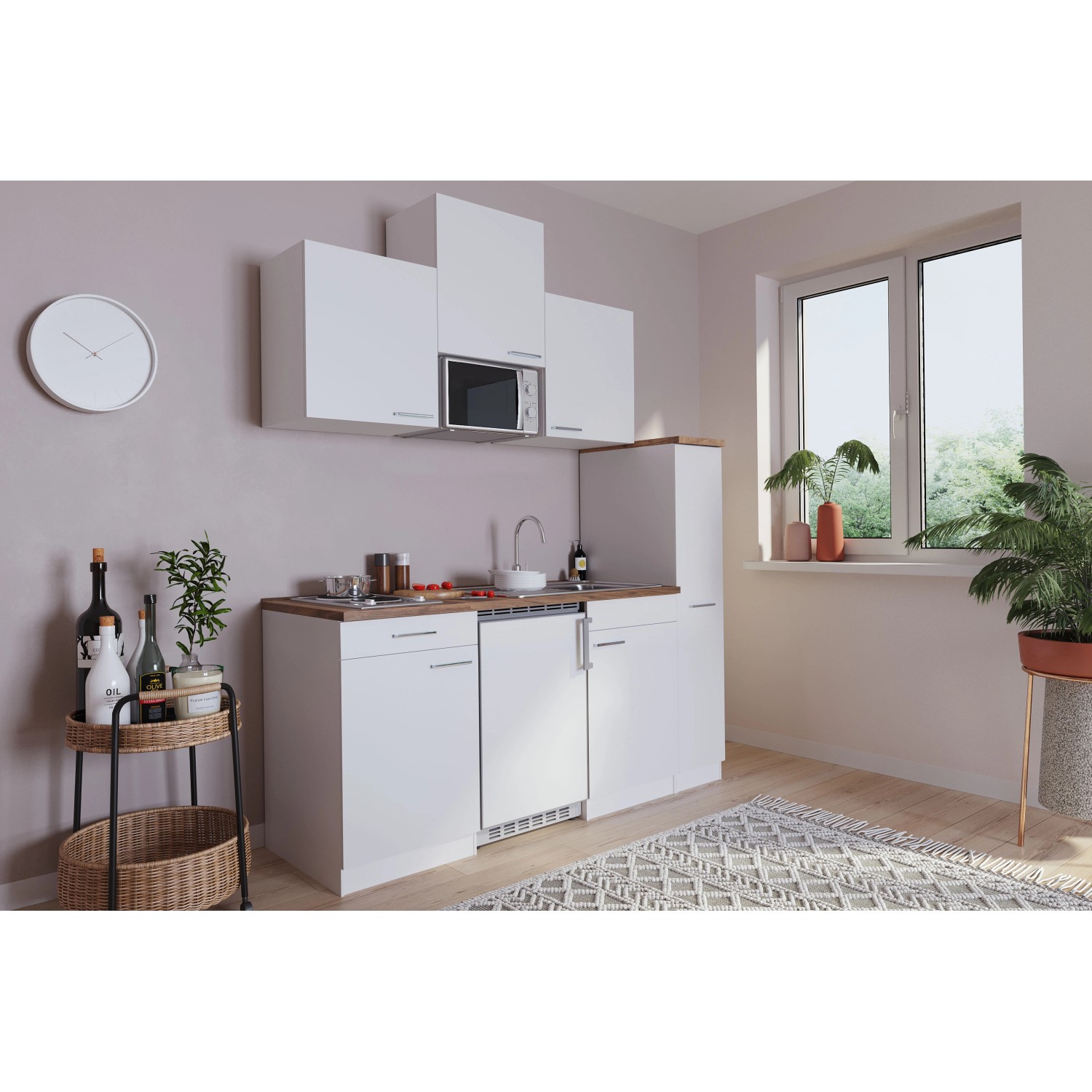 Weiße Respekta Economy Küchenzeile KB180WWMI (180 cm) mit E-Geräten und Arbeitsplatte in Nussbaumoptik.