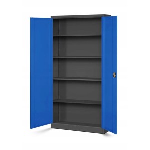 Jan Nowak Metallschrank, anthrazit/blau, mit geöffneten Türen und 4 Fachböden.