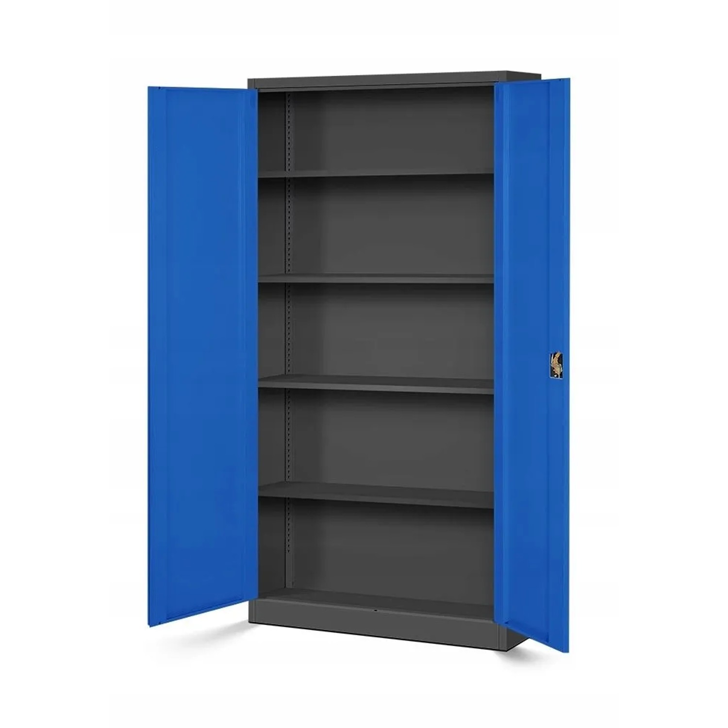 Jan Nowak Metallschrank, anthrazit/blau, mit geöffneten Türen und 4 Fachböden.