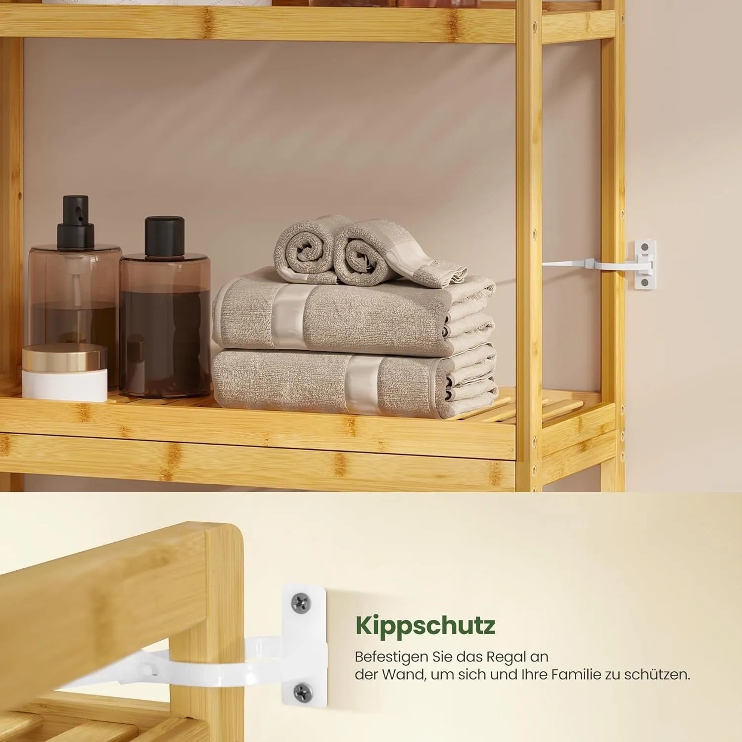 EUGAD Badregal aus Bambus mit 3 Ablagen, gefüllt mit Handtüchern und Pflegeprodukten. Kippsicherung an der Wand.