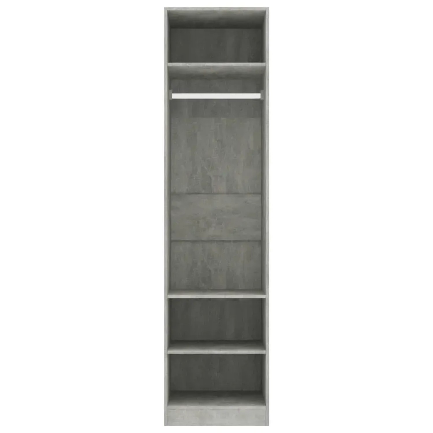 Schmaler, grauer Kleiderschrank (50x50x200 cm) mit Fächern und Kleiderstange.