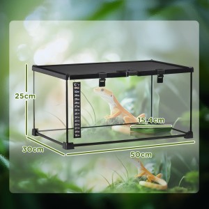 PawHut Terrarium für Reptilien mit Thermometer, transparentes Glas und schwarzer Rahmen.