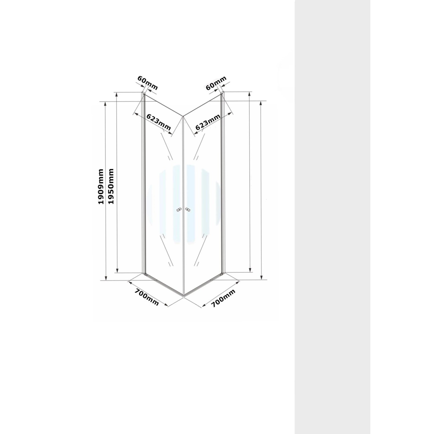 Technische Zeichnung einer Glaszentrum Hagen Eckdusche L-Form 70x70x195cm mit Maßangaben.