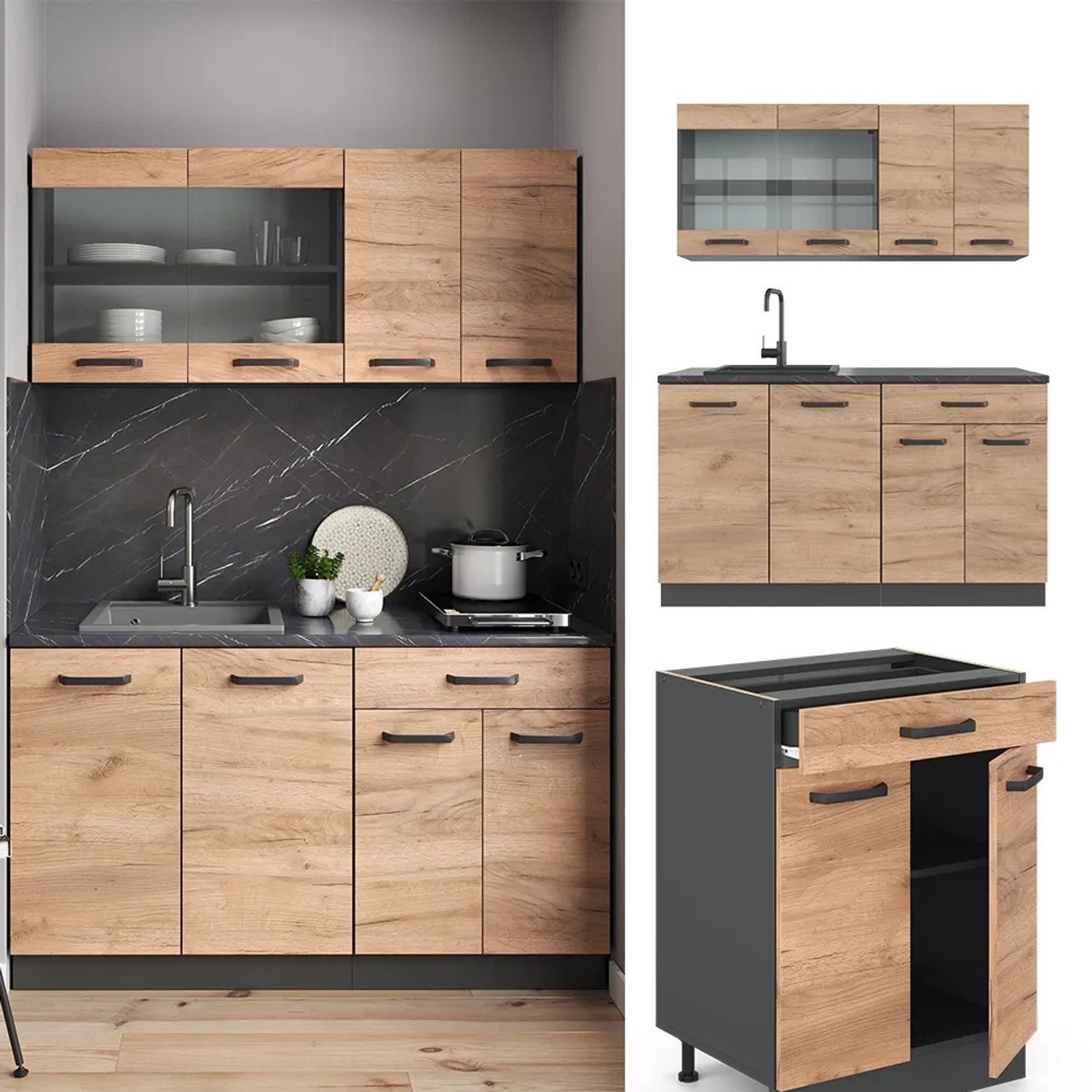 Vicco Singleküche R-Line, 140 cm, Eiche/Anthrazit, ohne Arbeitsplatte. Kompakte Küchenzeile für kleine Räume.