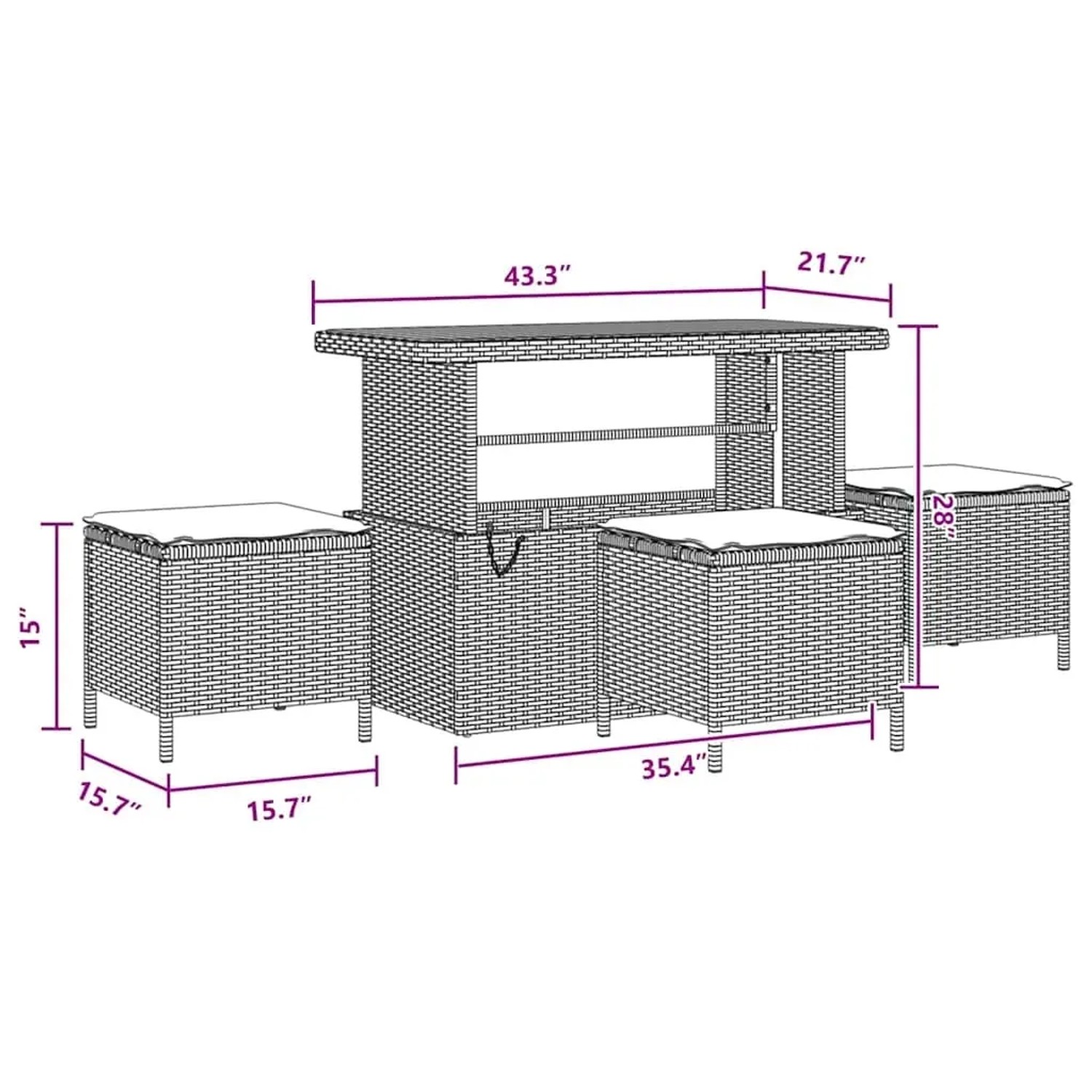 vidaXL Gartenmöbel Set, 10-teilig, Schwarz, Poly Rattan, mit Tisch und Hockern, Maße eingezeichnet.