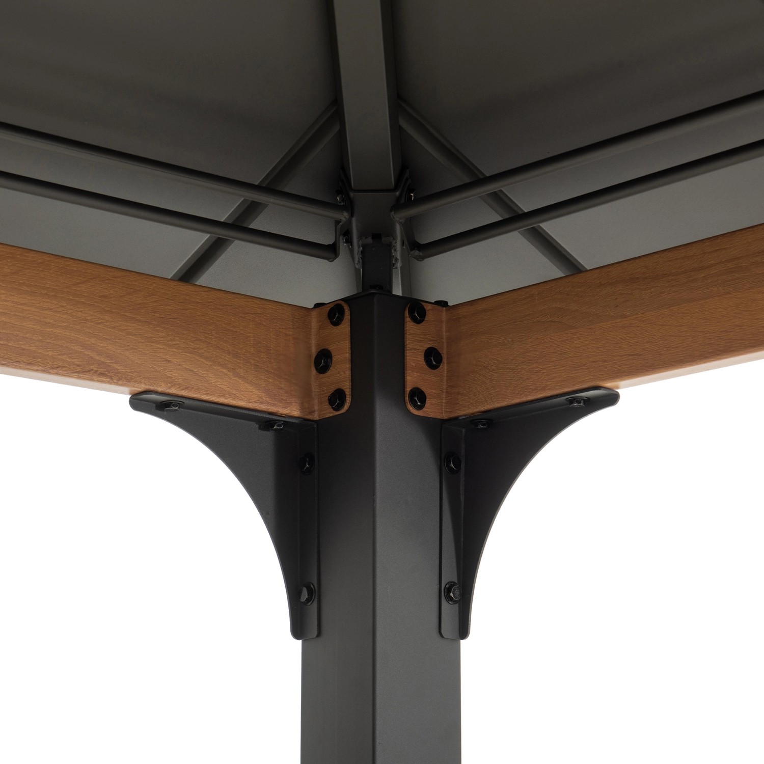 Detailansicht des Sunjoy Gazebo Pasu Stahl Pavillons 300x300 cm in Anthrazit, Fokus auf Stahlrahmen und Holzmaserung.
