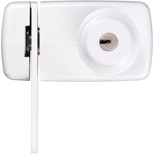 Weißes Abus Türzusatzschloss 7035 mit Sperrbügel für erhöhte Sicherheit.