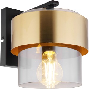 Moderne Wandleuchte Milley mit Glas und Messingring, schwarz-matte Halterung.