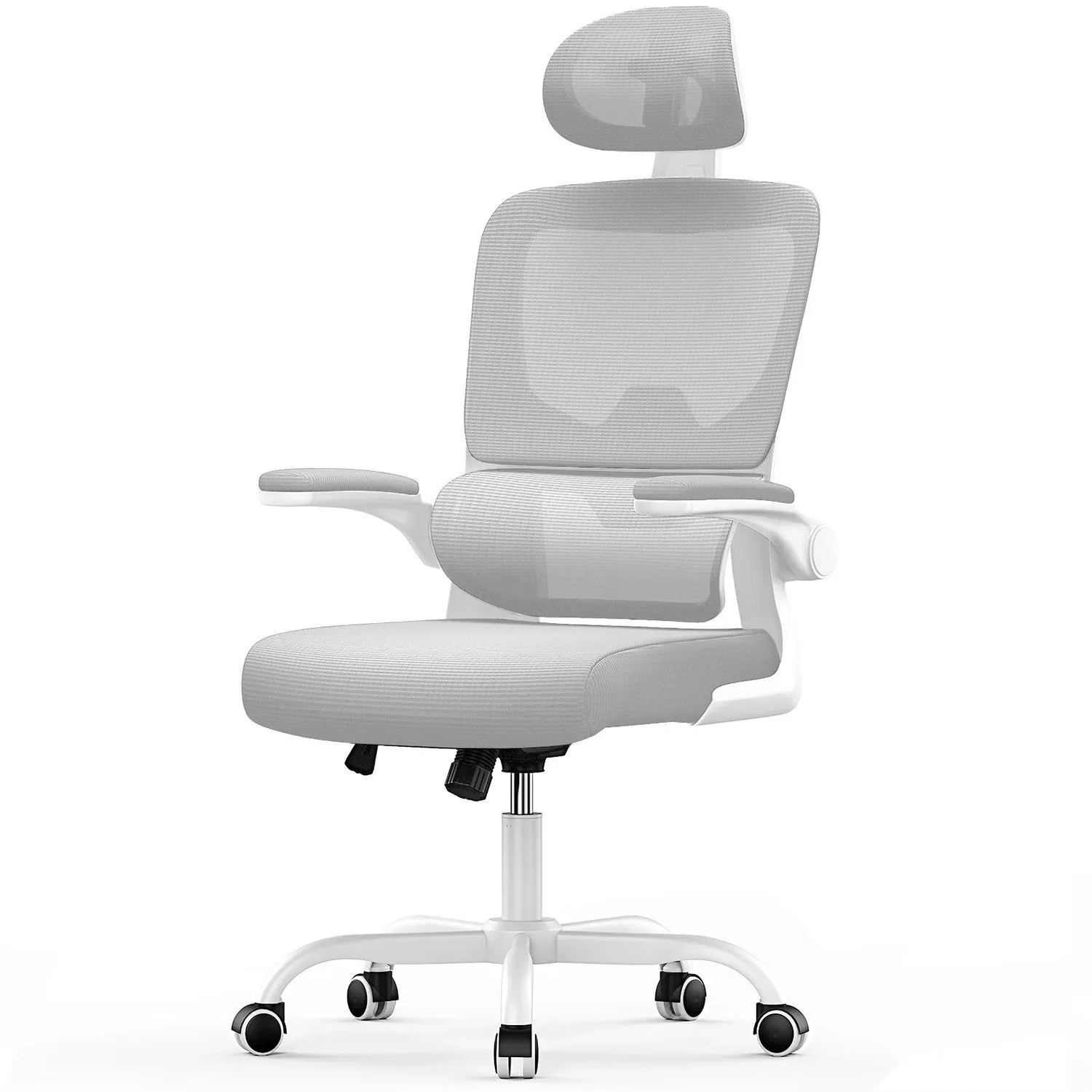 Rattantree Ergonomischer Drehstuhl mit Wippfunktion und Höhenverstellung Kopf und Klapparmlehnen Grau