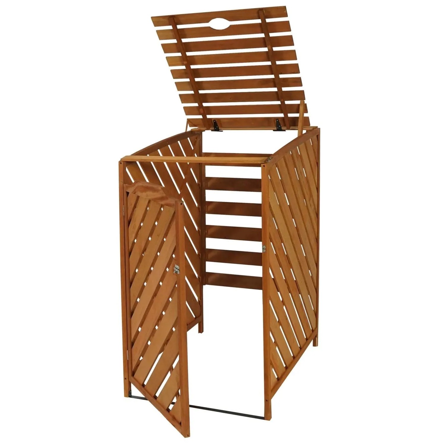 Offene, braune Proregal XL Mülltonnenverkleidung Erweiterung aus Holz mit Deckel und Tür.