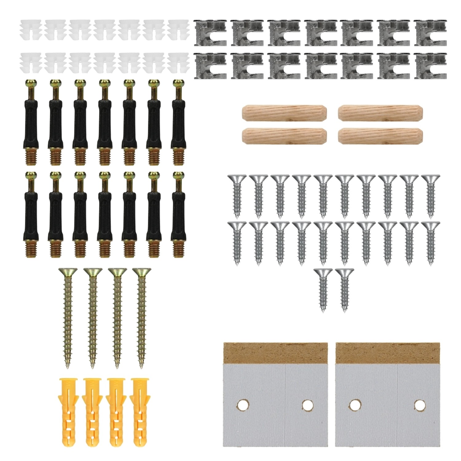 Montagematerial für ECD Germany Heizkörperverkleidung, diverse Schrauben, Dübel und Verbinder.