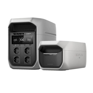 Graue EcoFlow Powerstation Delta 3 Max mit Display, 4 Steckdosen und Zusatzakku. Mobile Energie für Haus & Camping.