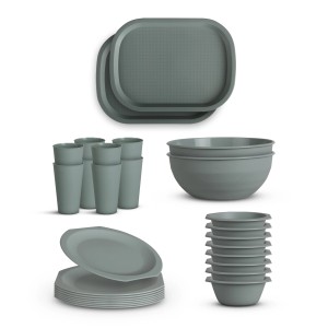 ProHome Kunststoff Geschirrset, 28-teilig, grün: Teller, Schüsseln, Becher und Tabletts für 8 Personen.