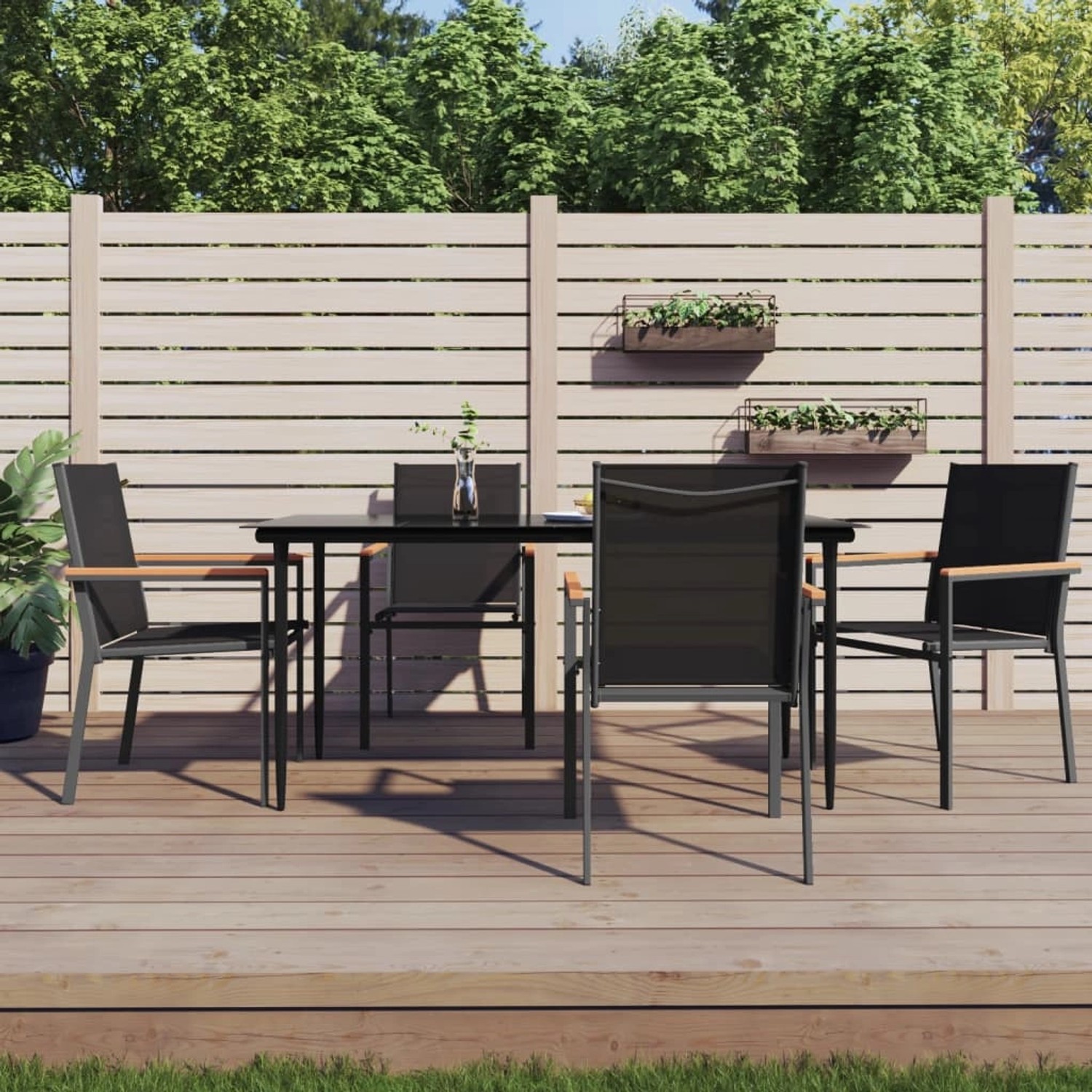 vidaXL Garten-Essgruppe, 5-teilig, schwarz, Textilene/Stahl. Gartentisch mit 4 Stühlen für Terrasse & Garten.