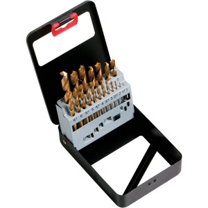 19-teilige TIN-Metallbohrer-Kassette in schwarzer Metallbox. Komplettes Set Metallbohrer.