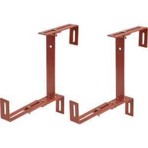 Zwei terracottafarbene, verstellbare Balkonkastenhalter aus Stahl für eine Wandstärke von 4-14 cm.