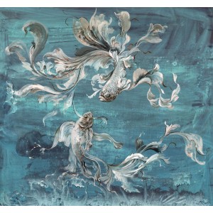 Sanders & Sanders Fototapete mit zwei Fischen in Blau und Weiß, 300x280 cm.