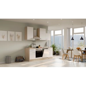 Flex-Well Küchenzeile Valero in Weiß Hochglanz und Sonoma Eiche Dekor mit E-Geräten.