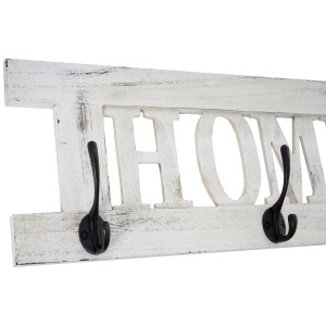 Weiße MCW Wandgarderobe im Shabby-Look mit Schriftzug "HOME" und Metallhaken.
