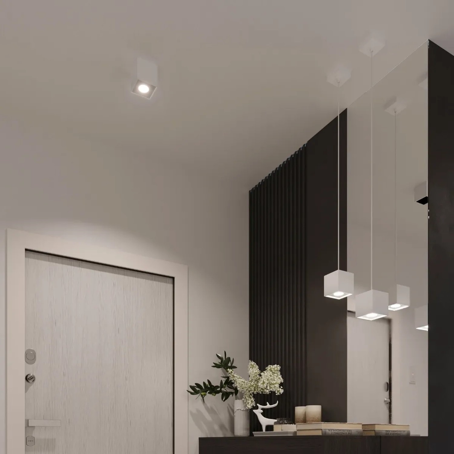 Weiße Sollux Lighting Hängeleuchte Quad 1 im modernen Flur.