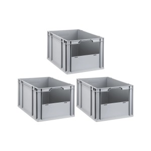 3 graue PROREGAL Euroboxen NextGen Insight mit offener Front, 65 Liter, als Aufbewahrungsboxen.