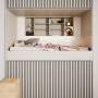 Raumansicht mit Akustikpaneelen Linoleum Pebble Filz Schwarz an Wand und Decke.