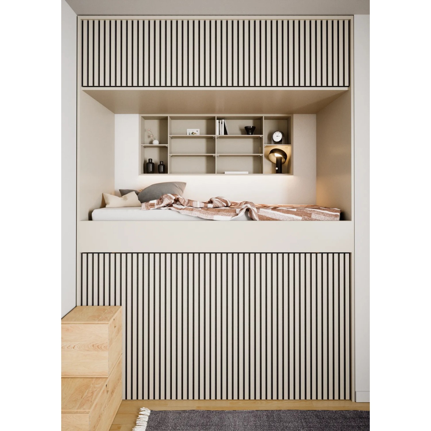 Raumansicht mit Akustikpaneelen Linoleum Pebble Filz Schwarz an Wand und Decke.