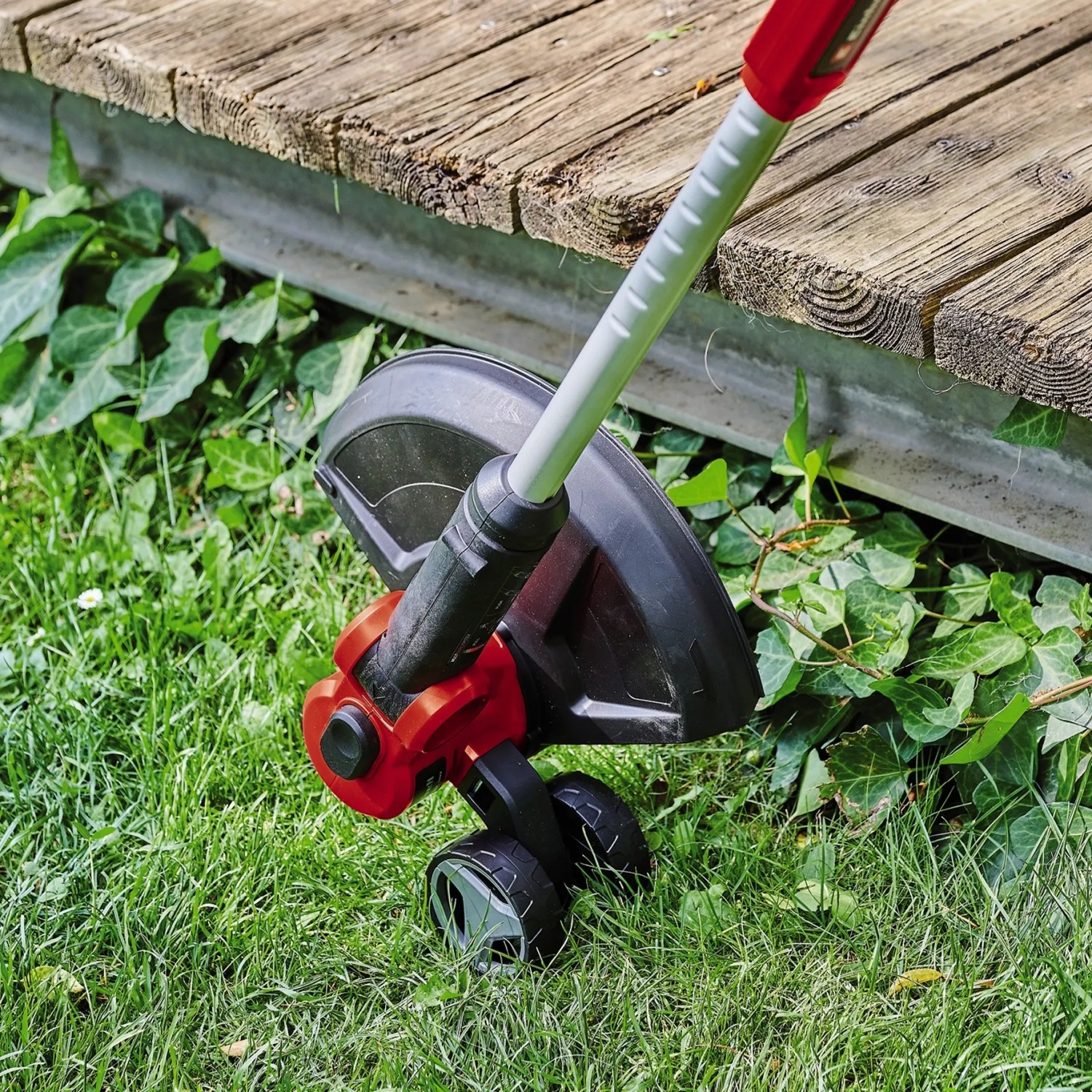 Einhell Akku-Rasentrimmer GE-CT 18/30 Li-Solo beim Rasenkantenschneiden mit Führungsrad.