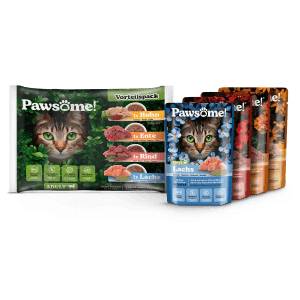 Pawsome Katzen-Nassfutter 4er Pack: Vorteilspack und Einzelpackungen mit Huhn, Ente, Rind und Lachs.