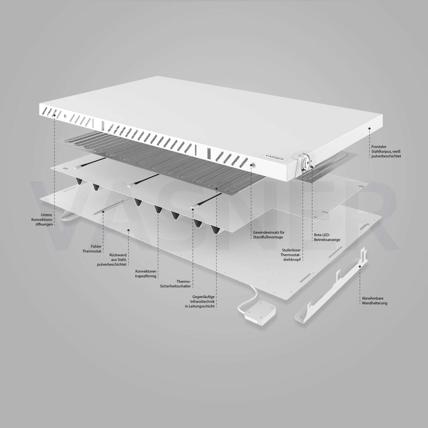 Explosionszeichnung: Vasner Konvi 900W Hybrid-Infrarotheizung mit Konvektion, Thermostat und Zubehör.