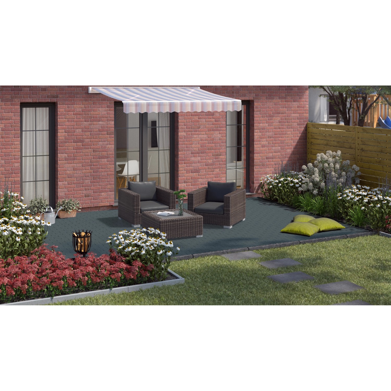 Anthrazitfarbene Premac Pflastersteine Klasiko 20x10x6 cm auf einer Terrasse mit Gartenmöbeln.