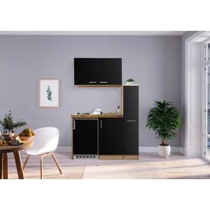 Respekta Küchenzeile MK130ESSOS, 130 cm, Schwarz/Eiche Sägerau Nachbildung, mit Kühlschrank und Kochfeld.