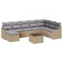 Beiges 9-teiliges vidaXL Garten-Sofa-Set aus Poly Rattan mit Tisch und grauen Kissen.