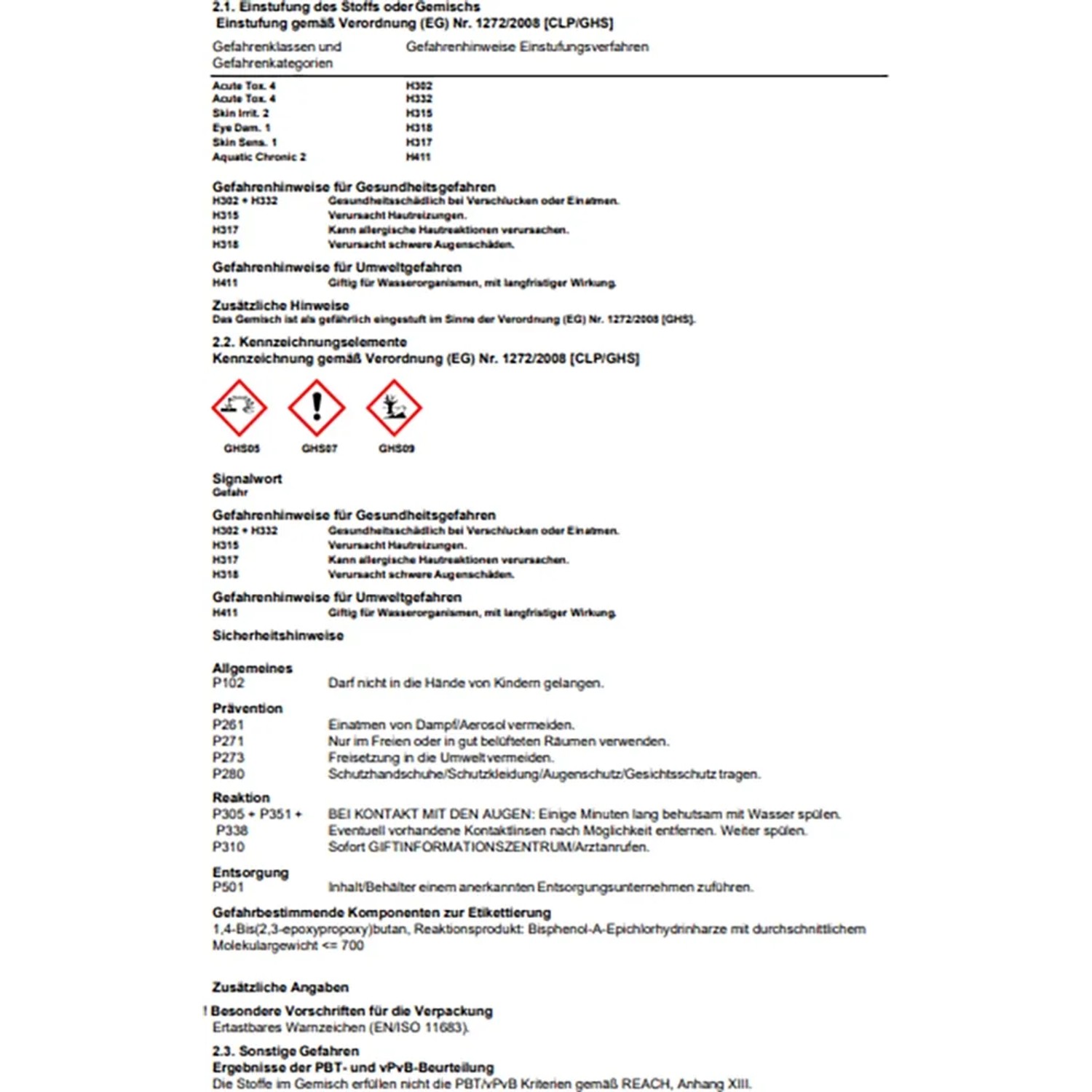 Sicherheitsdatenblatt mit Gefahrenhinweisen und Sicherheitsvorkehrungen.