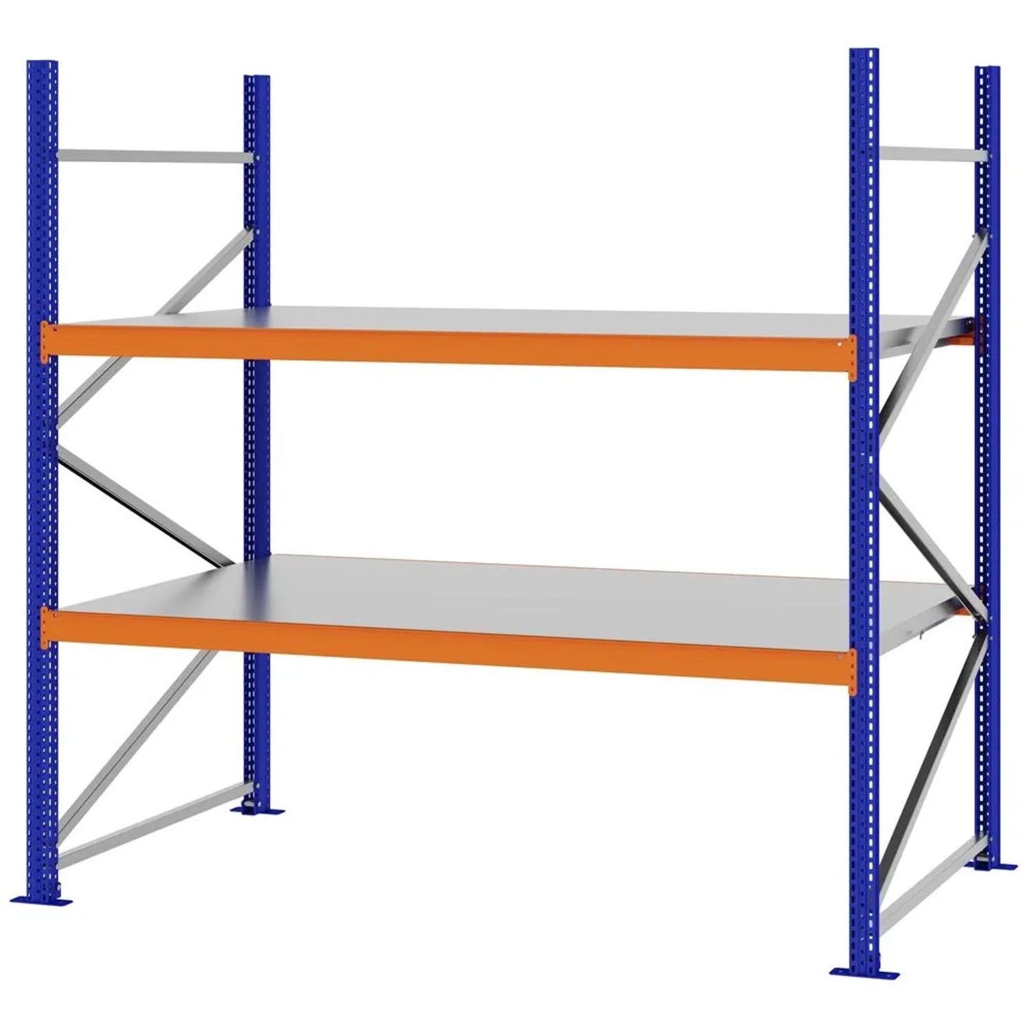 PROREGAL Weitspannregal Schraub-Stecksystem MAGNUS PRO Made In Germany Grundregal 200x200x100cm 2 Ebenen Stahlböden Fachlast 600kg Blau/Orange