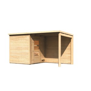 Chillroi Außenhaus Sofia mit Anbaudach und Rückwand im Set mit Finnischem 9kW Ofen Steuergerät