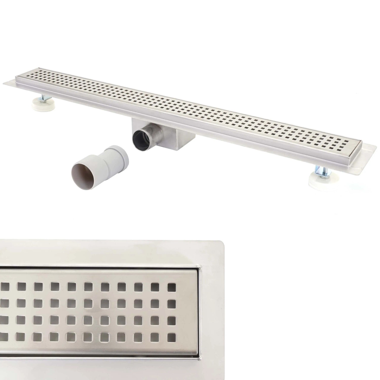 Edelstahl Duschrinne 90cm mit Siphon und Bodenablauf für barrierefreie Dusche.
